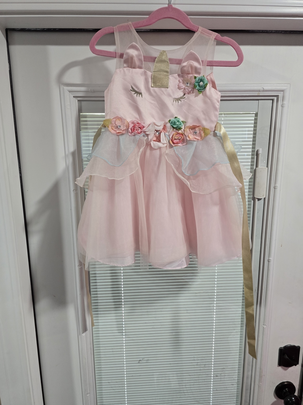Rare Editions Pink Unicorn Floral Tulle Dress with Gold Accents